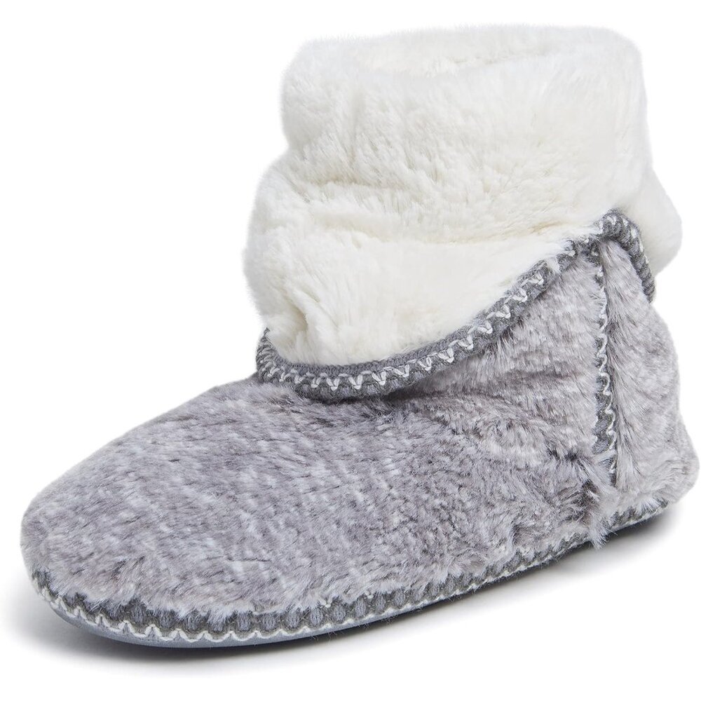 〽️Women's Grey Dearfoams Fuzzy Memory Foam Beth Bootie Slipper Socks Grippersv